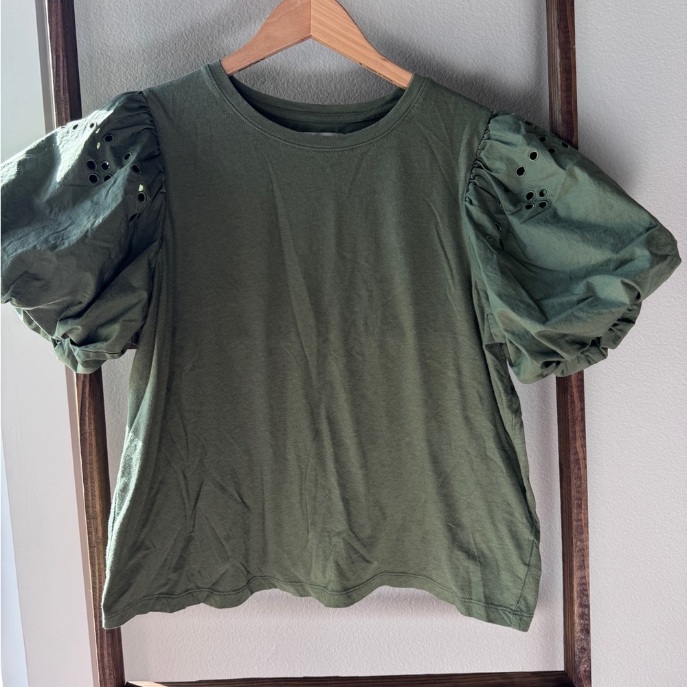 Olive Green Puff Sleeve Top Eyelet Sleeve Cottagecore Minimal Capsule Wardrobe